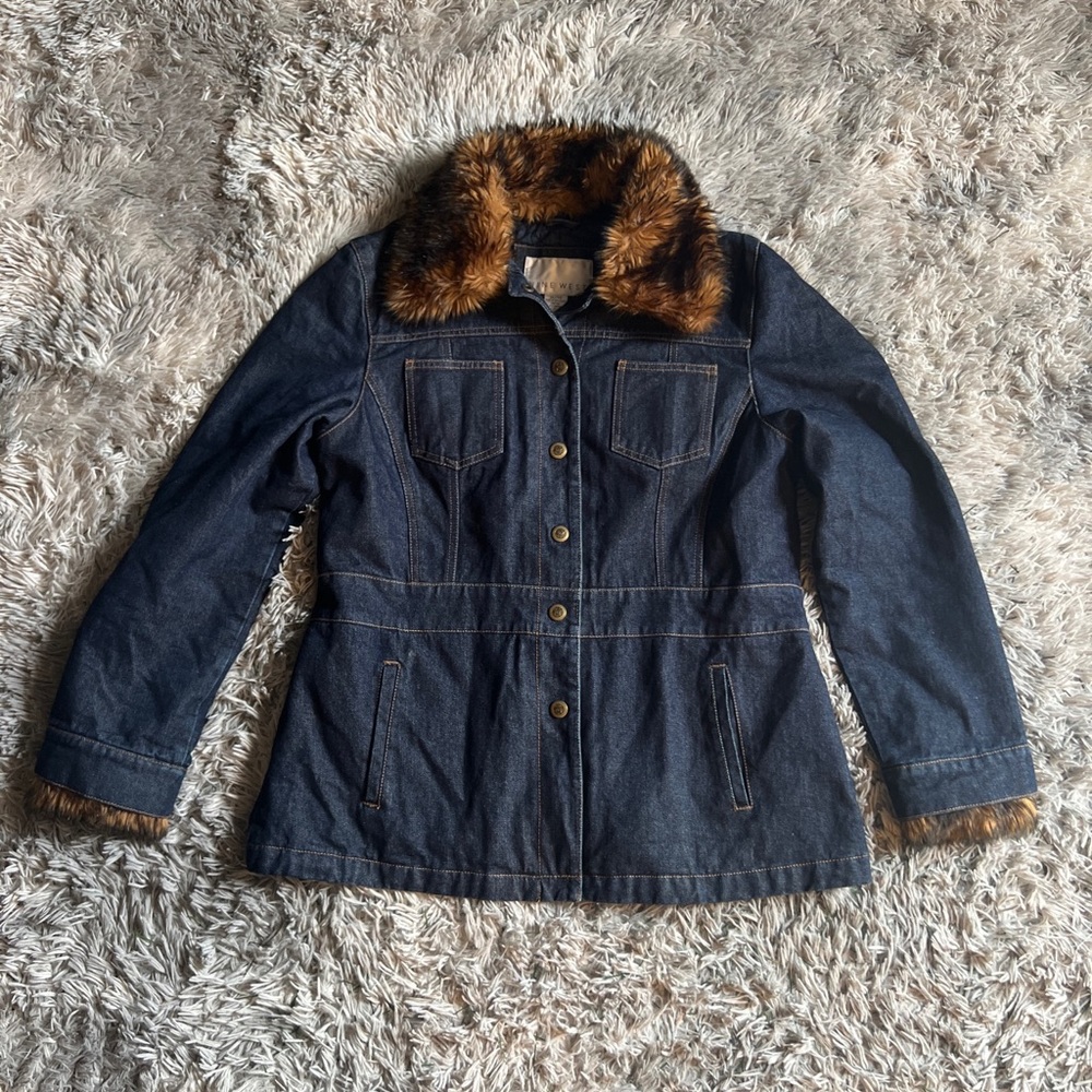 Nine West Womens Blue Denim Jacket Faux Fur Snap Pockets Quilt Lined Coat Sz XL